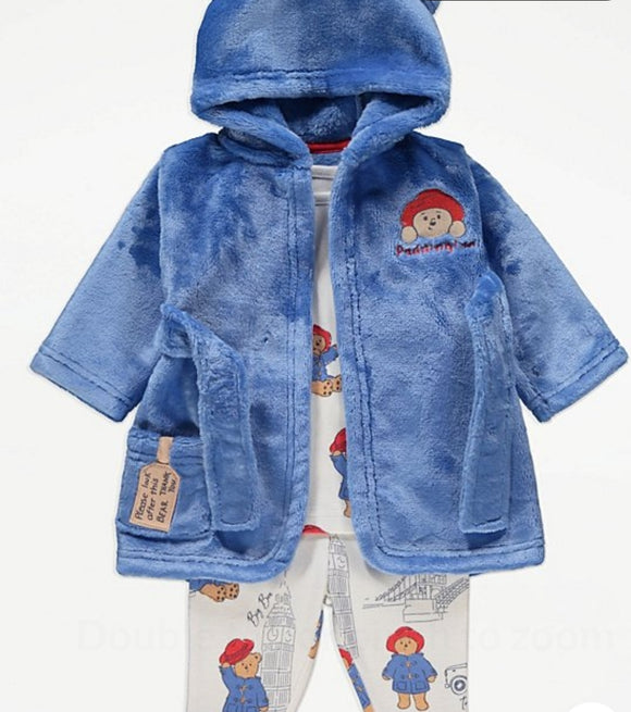 Paddington Bear Blue Fleece Dressing Gown and Pyjamas (6_9) months...رداء نوم وبيجامة من الصوف الأزرق بطبعة دب بادينغتون