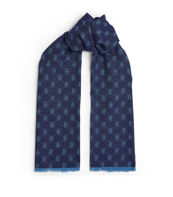Woven H Logo Navy Wool Scarf..وشاح صوف أزرق داكن بشعار H منسوج