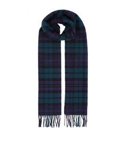 Fringed Check Wool Scarf Navy...وشاح صوف مزخرف بمربعات باللون الأزرق البحري