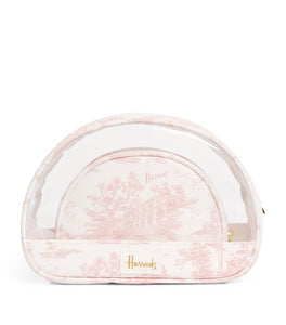 Pink Toile Wood Cosmetic Bag Set...مجموعة حقيبة مستحضرات تجميل من التويل الوردي